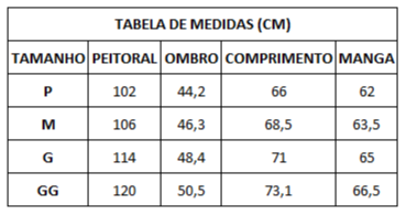 tabela de medidas jaqueta corta vento